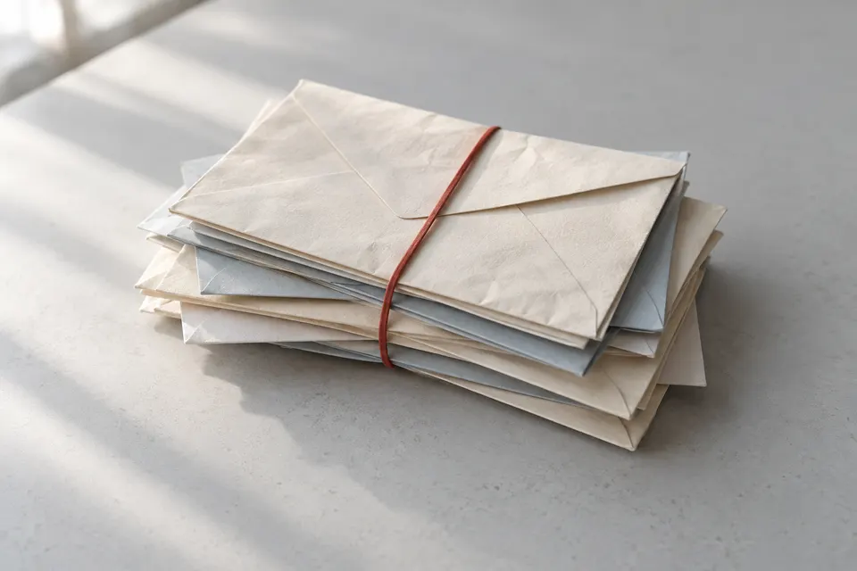 A stack of returned paper envelopes held by a red rubber band on a pale desk